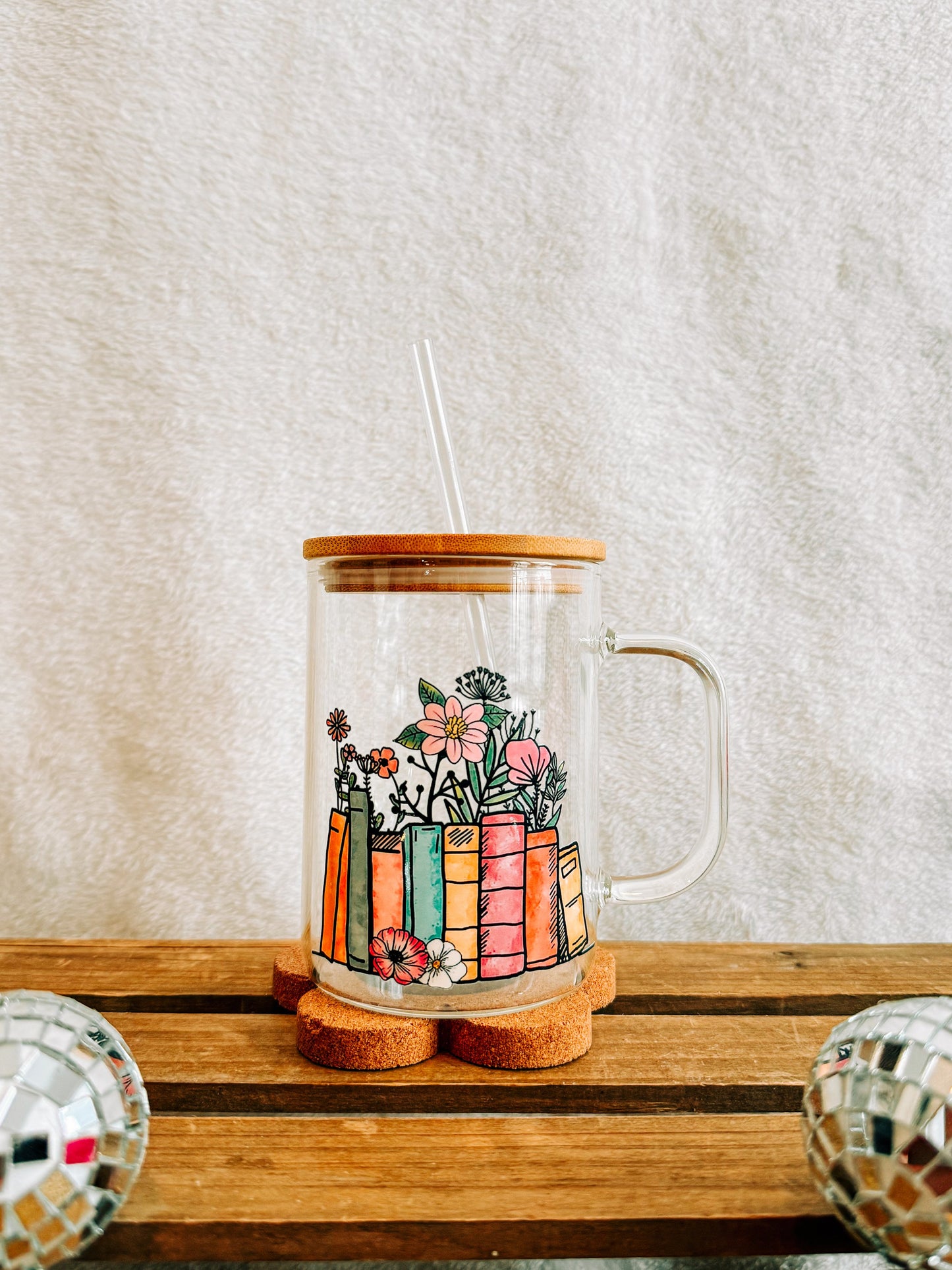 Floral Books Glass Mug