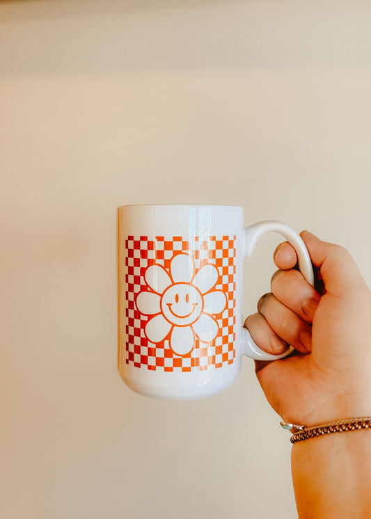 Checkered Peach Smiley Mug